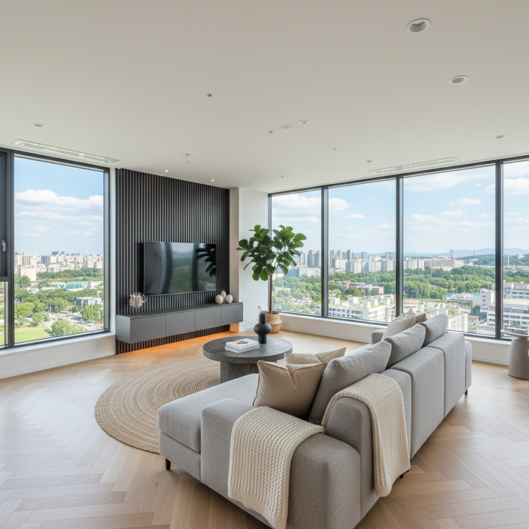 Wide apartment living room
in Korea with windows on two sides
overlooking a green park and city blocks,
a long grey sofa, and a round rug on a
herringbone floor