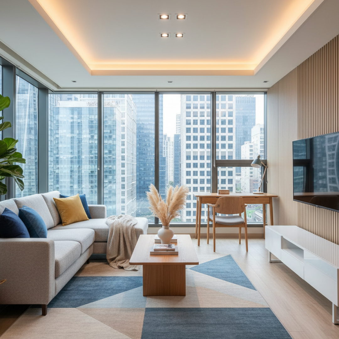 Living room of a short-term
lease apartment in Korea with
floor-to-ceiling windows facing city
towers, a grey sofa with blue and mustard
cushions, and a small wooden desk by the
window