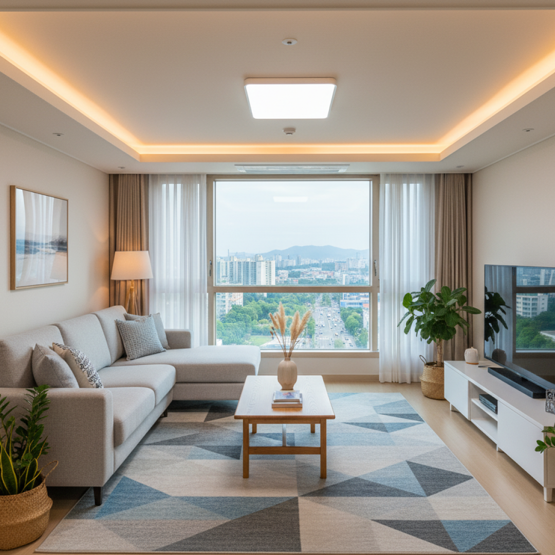 Bright apartment living
room with warm cove lighting, a beige
corner sofa, a patterned rug, and a large
window looking over a tree-lined avenue
toward the mountains