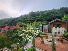A room with a pretty garden in the forest. 0th image